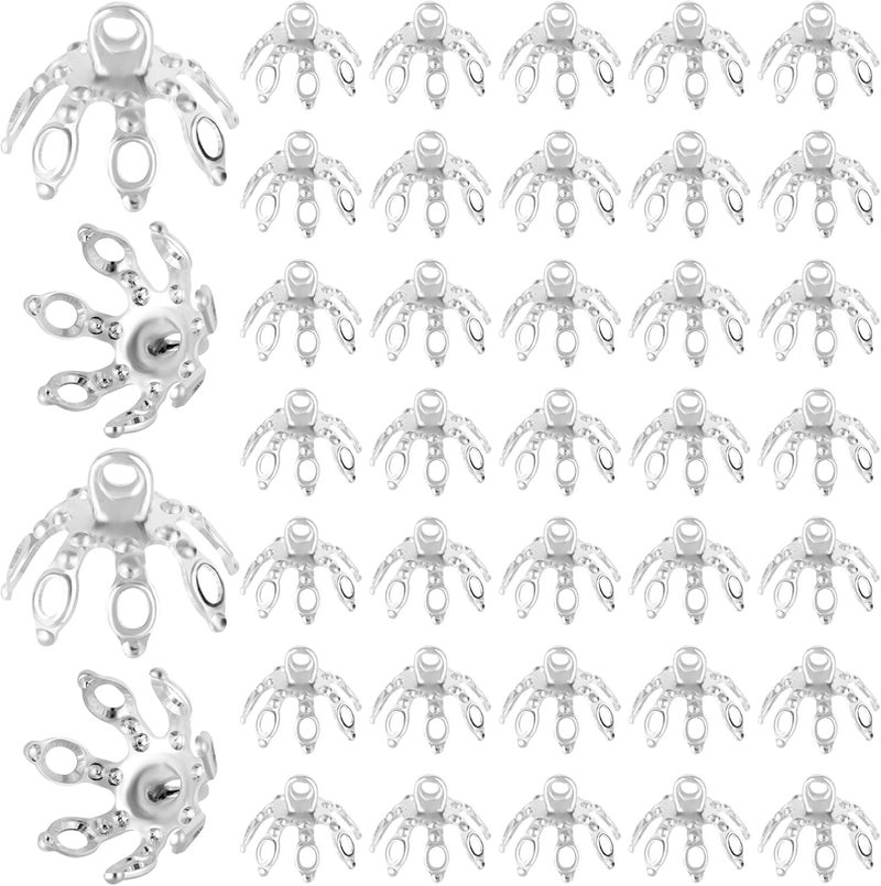 ANCIRS 50 Pcs Flower Bead Caps, End Cap Bails for Necklace, 7 Prong Bell Bead Cap, Metal Spacer Flower Beads for Bracelets, DIY, Crafts, Jewelry Making (Silver) - Image 1
